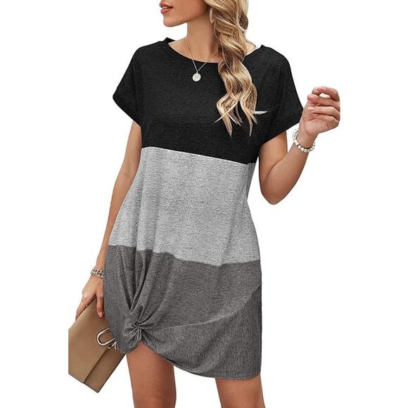 Women Medium Colorblock Short Sleeve T-Shirt Mini Dress Casual Summer Tunic - Picture 2 of 9